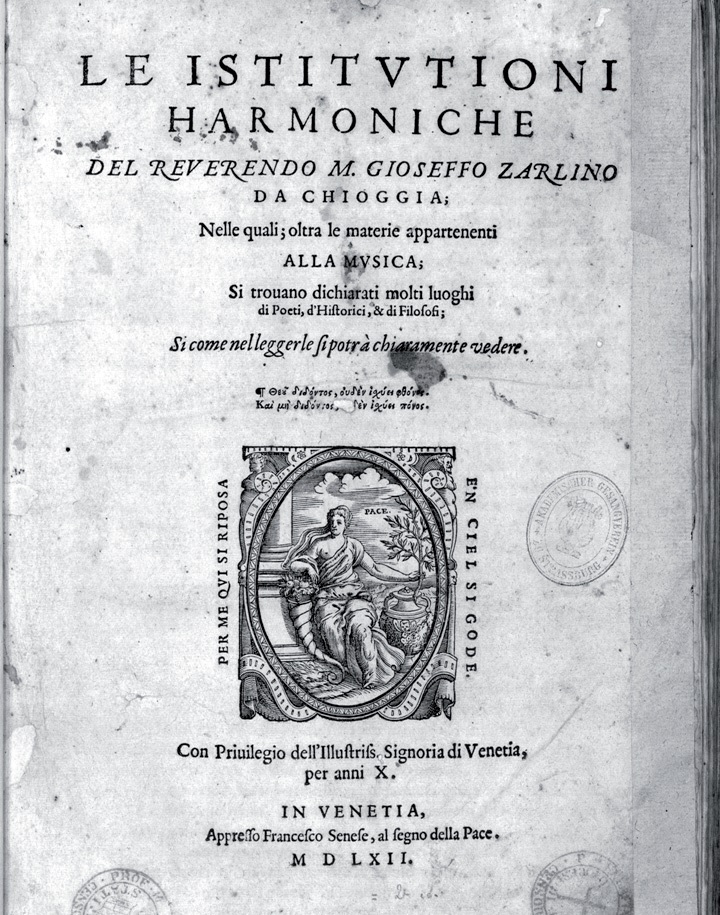 Frontespizio delle Istituzioni Harmoniche di G. Zarlino (1558)