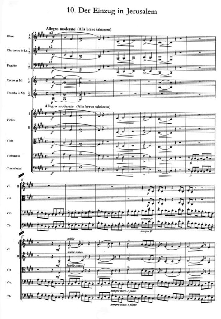 Es. 7. F. Liszt, Christus, parte seconda: il tema del Benedicamus Domino, introdotto dall’orchestra, annuncia l’ingresso di Gesú in Gerusalemme, bb. 1-26.